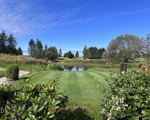 The signature hole at Bonnyton Golf Club: a striped tee looking over the pond, framed by rhododendrons and pines